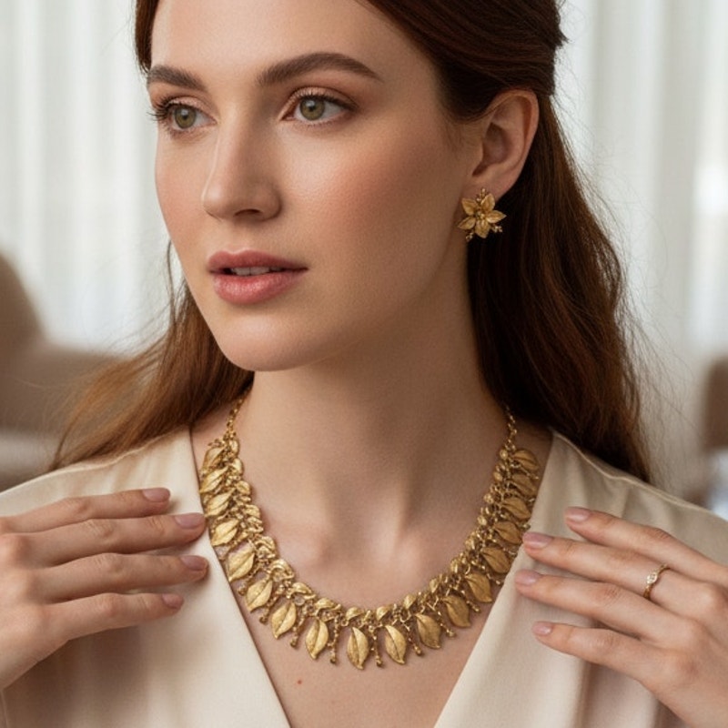 Vintage Lisner Signed Leaf Necklace Floral Clip-On Earrings Set Gold Tone 110$